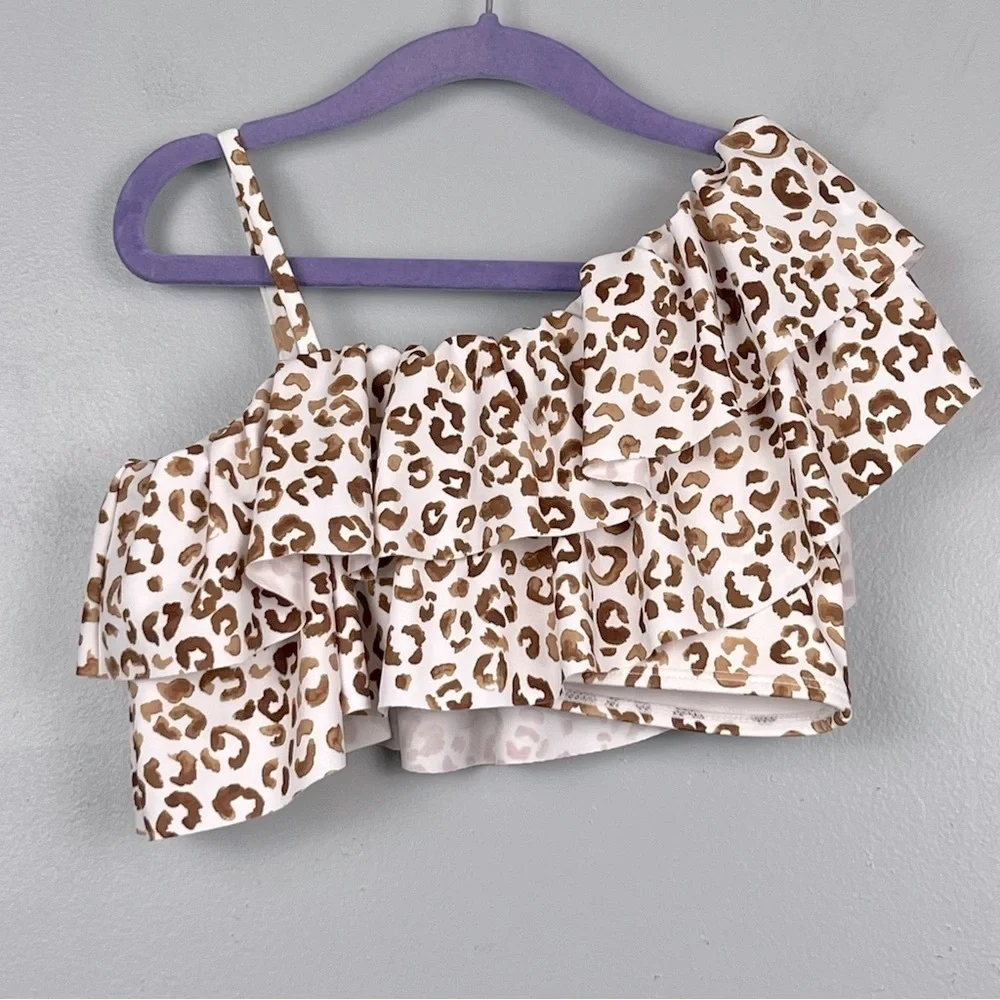 Janie and Jack Recycled Leopard Ruffle 2-Piece Swimsuit in Argan Oil Leopard, 8.